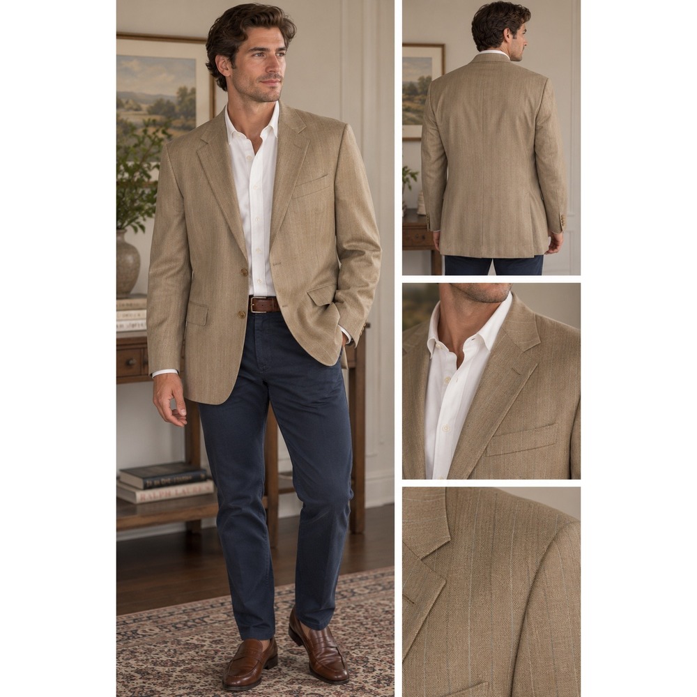 Lauren Ralph Lauren Men's 48L Silk Wool Blend Sport Coat Beige Striped Blazer